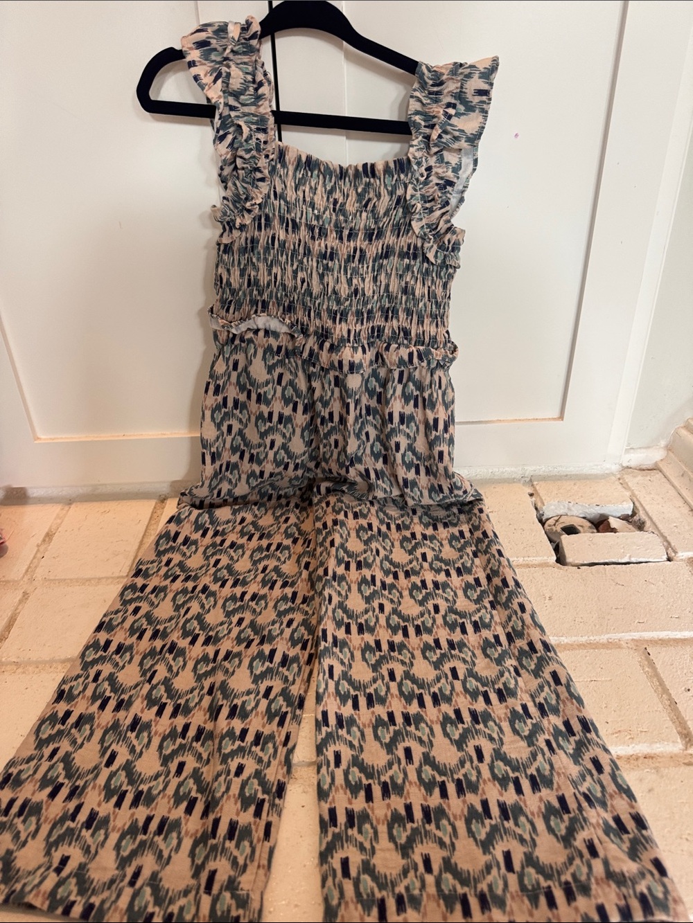 Zara Beige and Teal Smocked Ruffle Strap Wide-Leg Jumpsuit